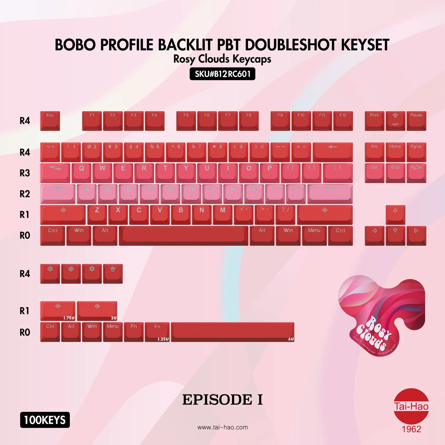 Tai-Hao Rosy Clouds 100 Key BOBO Profile Double Shot PBT Keycap Set - Image 4